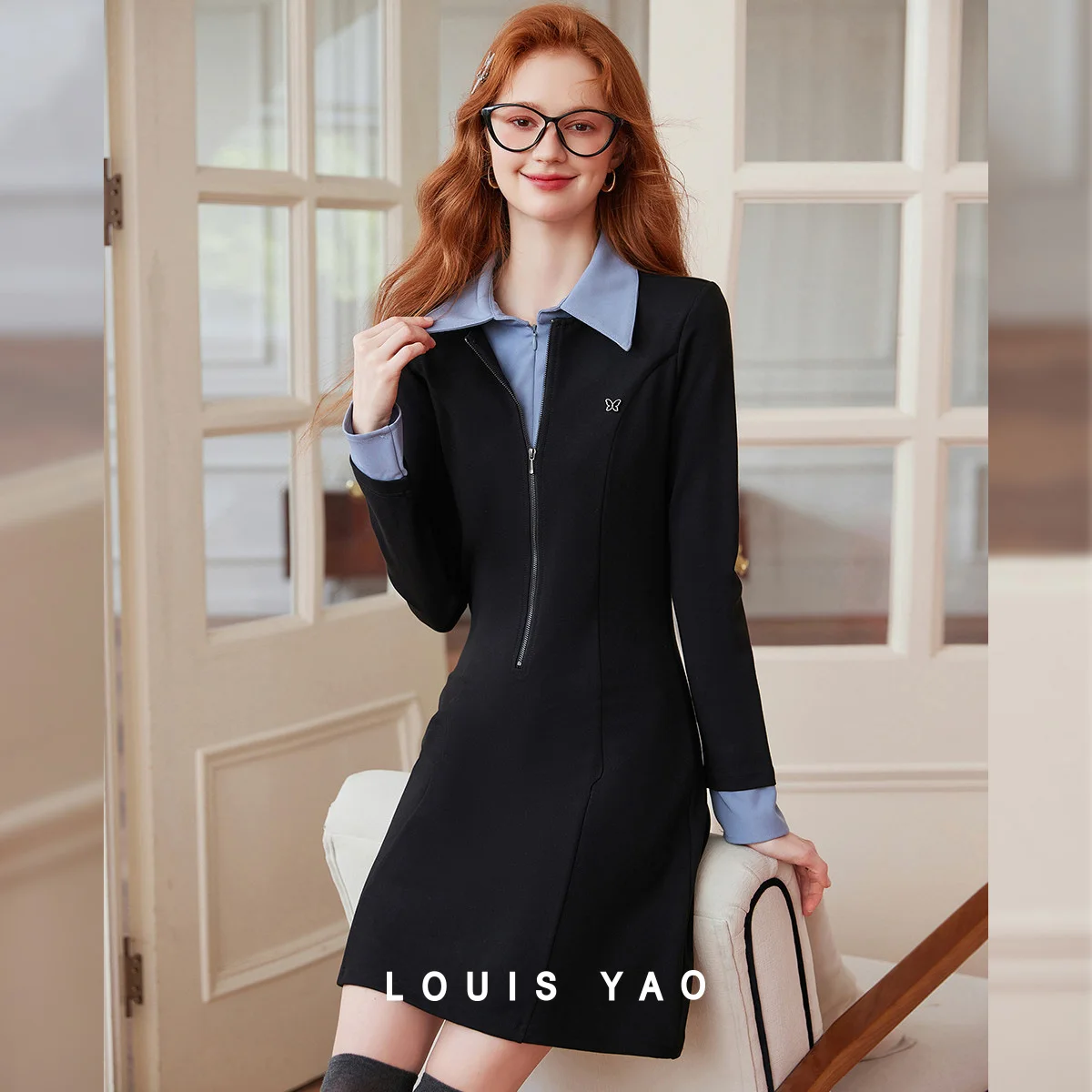 

LOUIS YAO Women's Dress 2025 Autumn Half Open Zipper Collar Long Sleeve Fake Two Piece Micro Elastic Slim Medium Length Dress