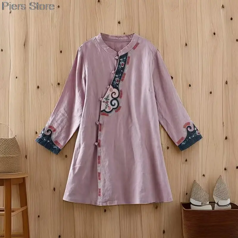 Abito lungo ricamato squisito Hanfu modificato in stile cinese da donna 2025 colletto alla coreana retrò elegante abito casual/festa allentato