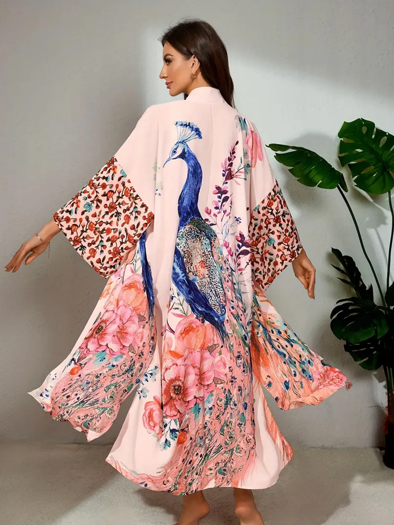 

Summer n Loose Long Sve Hanfu Open Cardigan Vaion Beach Cover up Peaco Print Ele Outerwear Polyester Fiber