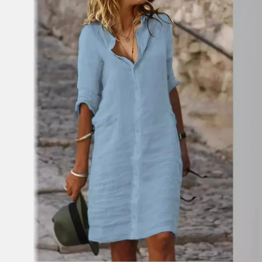 Locker sitzendes Baumwoll-Leinen-Knöpfe-Midikleid Dr irt 2023, Independent Station CrossBord Ethernet Sle Sve Long Tern...