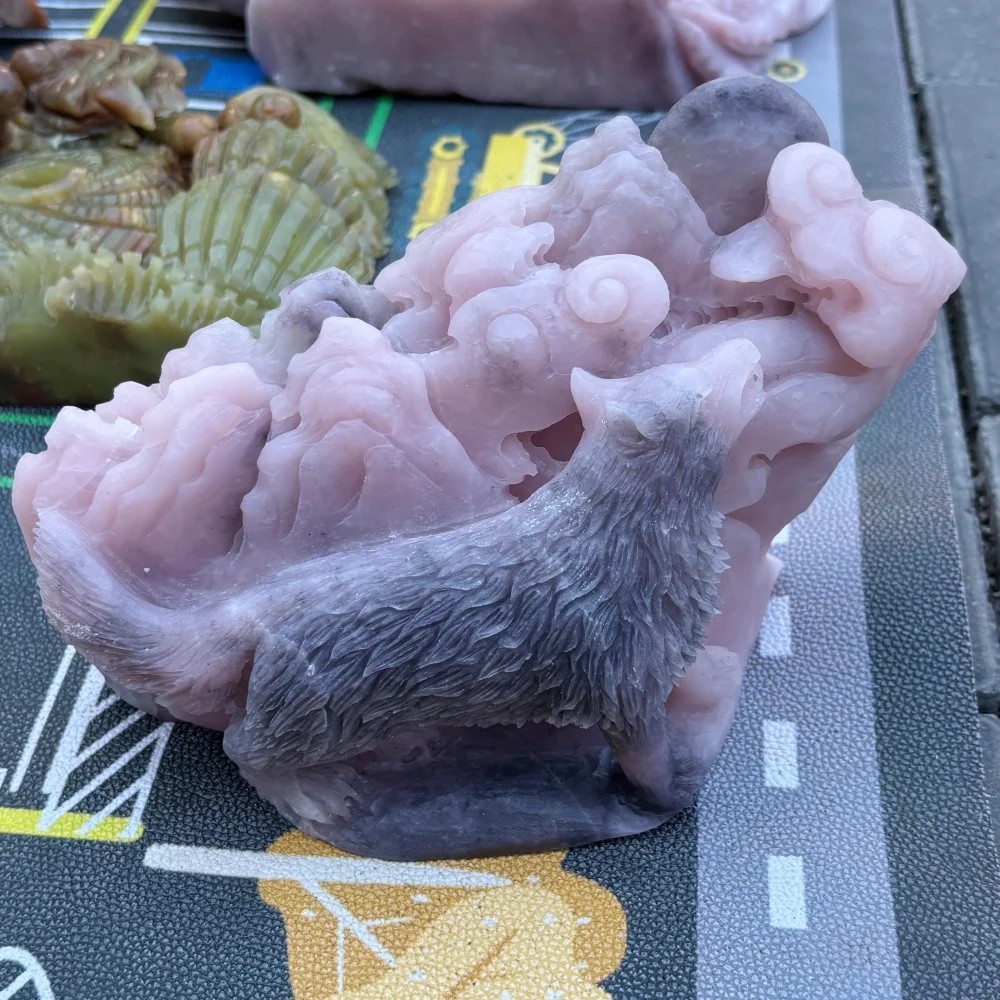 Natural Pink Calcite Hand Carved Howling Wolf Figurine, Crystal Moon Wolf Mountain Statue, Reiki Stone Home Decor Gift