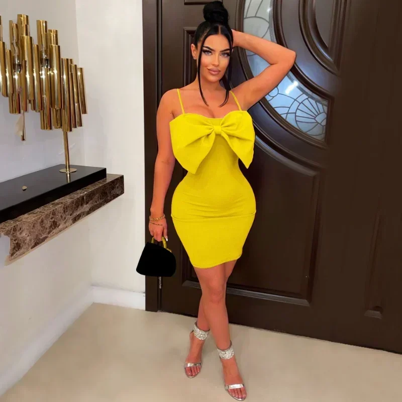 

GUWU Bow Bodycon Mini Dress Sweet Girls Bowknot Strapless Spaghetti Straps Backless Club Party Dresses Summer Birthday Gifts