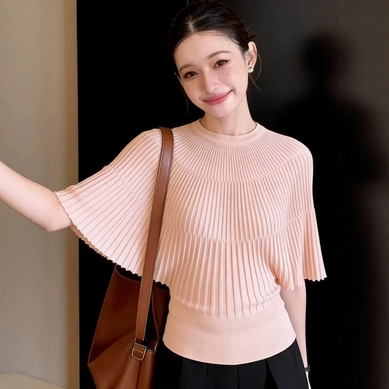 

Women's French Gentle Style High-End Feel Vertical Stripe Knitted Sweater Summer Design Shawl Cape Bat Sleeve Top