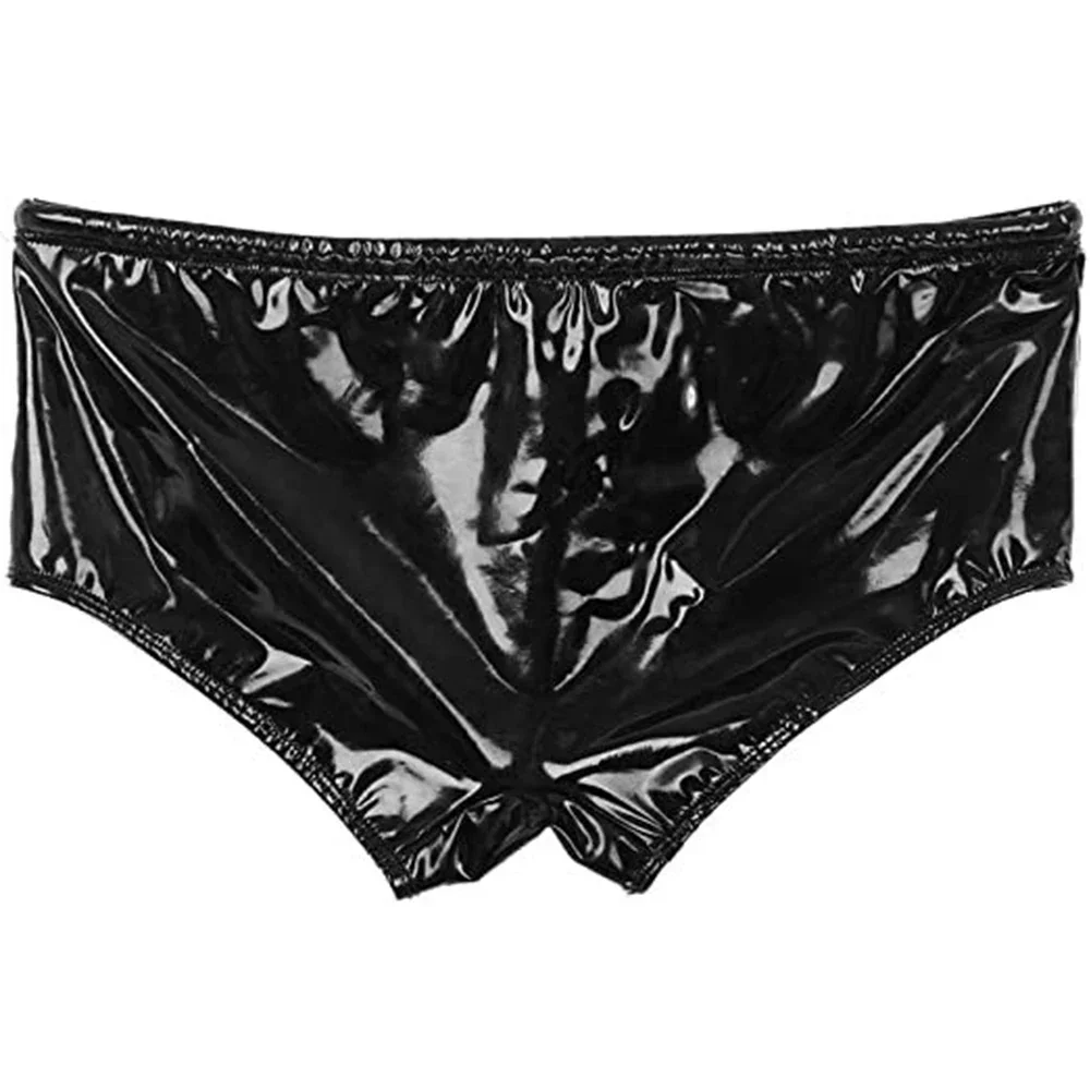 Sexy Men Patent Leather Boxers Shorts Panties Man Lingerie Wet Look Swiming Trunks Low Rise Drawstring Underwear Shorts Clubwear