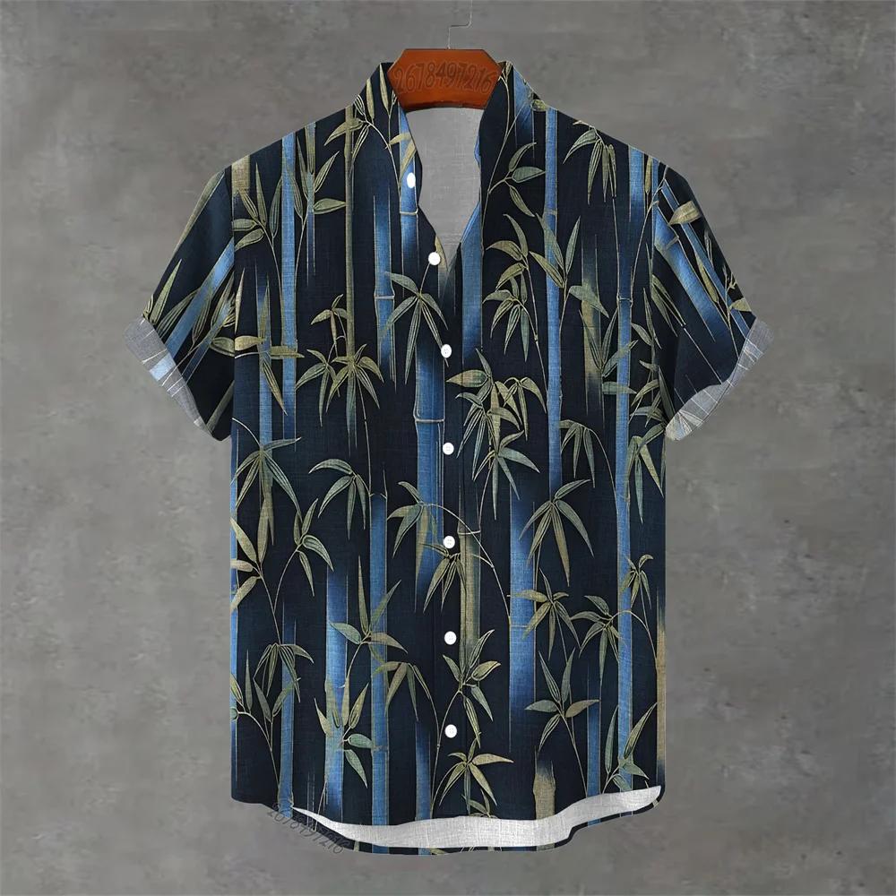 2026 Summer New Arrival Bamboo Leaf Print Short-Sleeve Shirt, Men's Loose Fit Stand Collar Chinese Retro Casual Resort Style