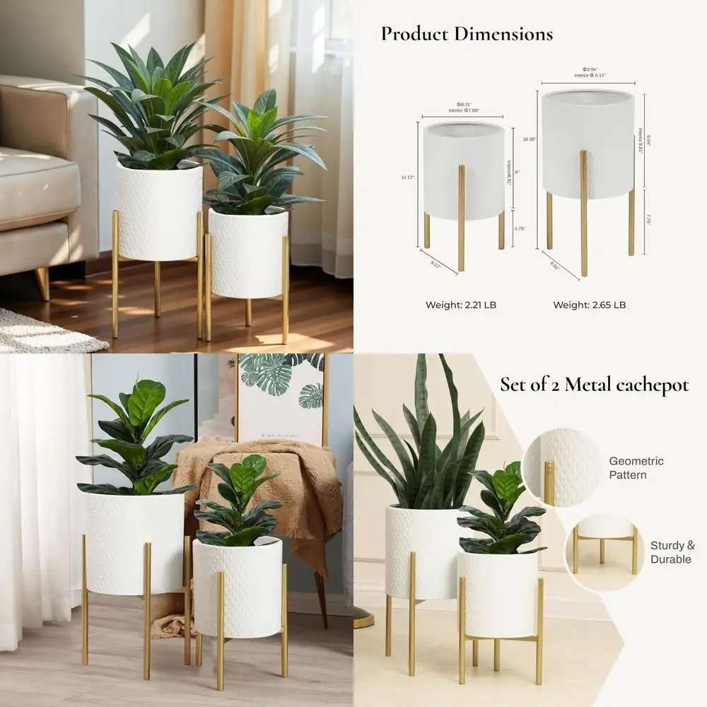

Indoor Plant Pots Set of 2, White Ceramic Planters with Gold Metal Stands, Elegant Flower Pots for Plants, Luxury Home Decor Acc
