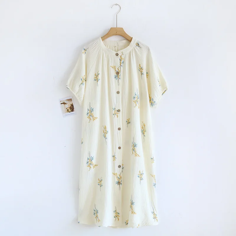 

Round Neck Summer Pajamas Pastoral Style Short Sleeve Sleepwear Women Crepe Cotton Nightgowns Cardigan Long Homewear Pijama