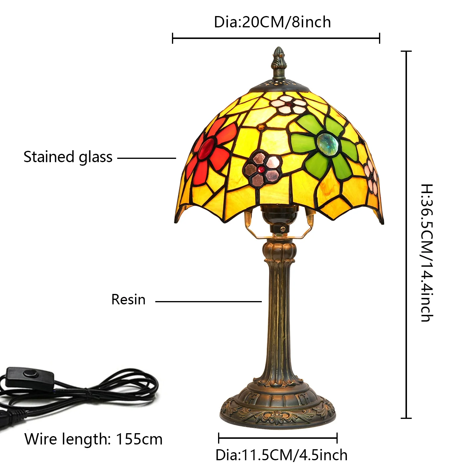 8inch 20cm American Tiffany Stained Glass Table Lamp Garden Cherry Blossom Warm Color Lampshade Bedroom Bedside Desk Lamp