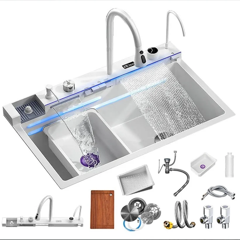 White Whale Rain Waterfall Kitchen Sink 304 Stainless Steel with Digital Display Thickened Honeycomb Design for Household