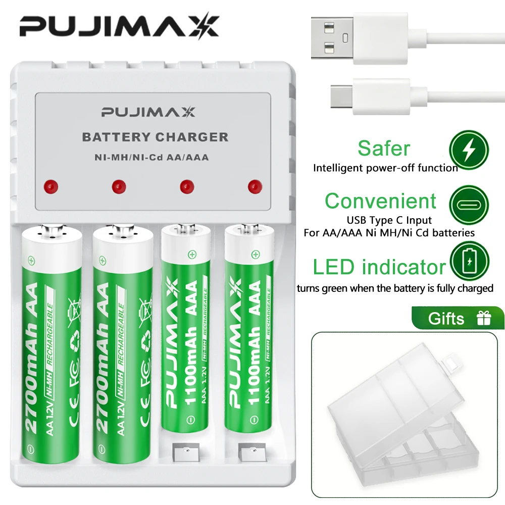 PUJIMAX AAA Rechargeable Batteries High Capacity 2700mAh /1100mAh 1.2V Ni-MH AA/AAA Battery for Clocks Mice Toys+Battery Charger