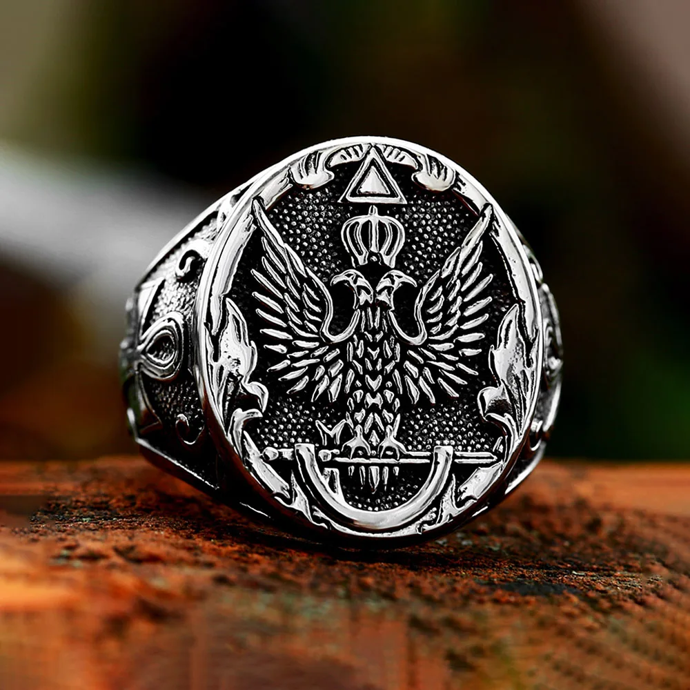 New Design Vintage Double Eagle Emblem Ring For Men Stainless Steel Punk Biker Cross Rings Cool Fashion Jewelry Gifts Wholesale