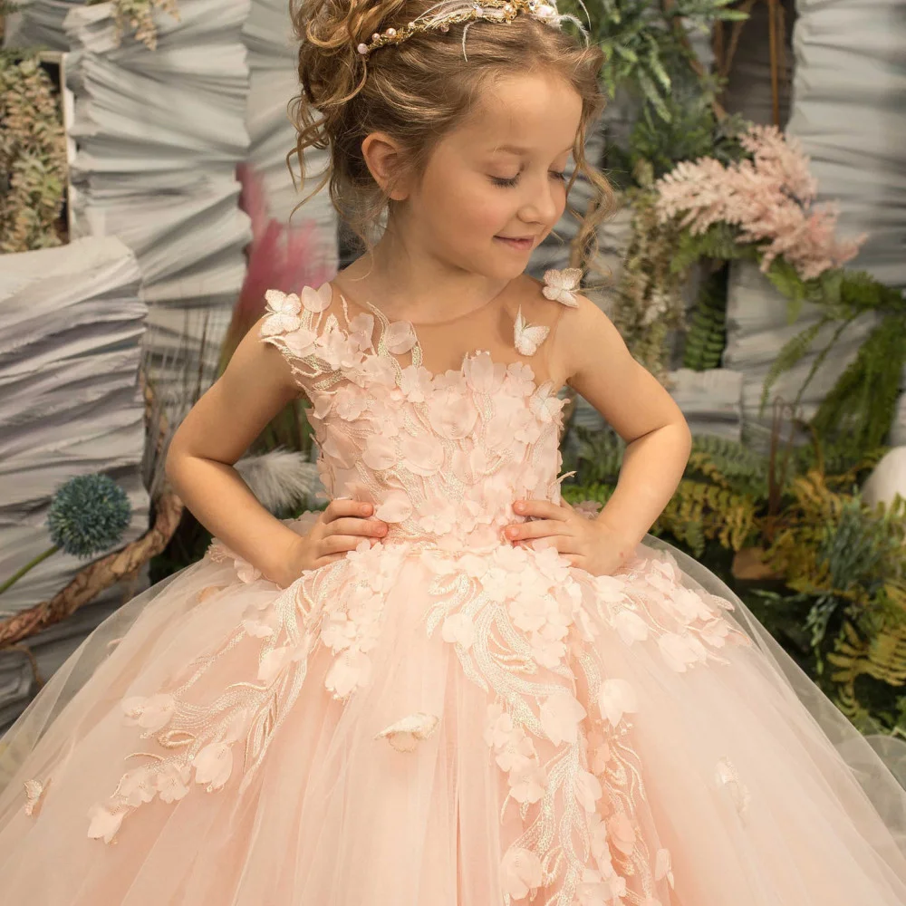 Babyonline Flower Girl Dresses for Wedding Blush Pink Floral Tulle Long 2024 bambini abiti da ballo da damigella d'onore Princess anche Wed Party