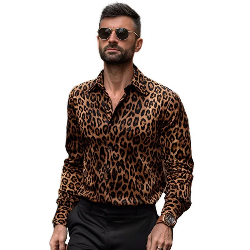 

Autumn and Winter Shirts for Men Leopard Print Vintage Casual Large Size Men's Long-sleeved Shirt Flower Shirt