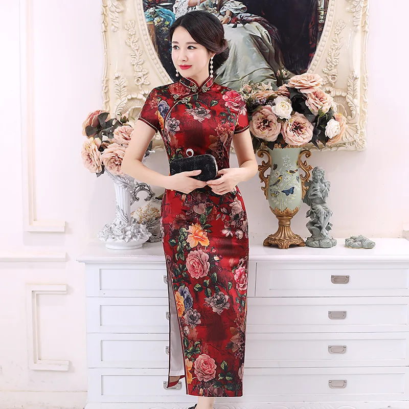 New Chinese Style Ethnic Characteristics Double-Layer Retro Long Cheongsam Digital Printed Dress