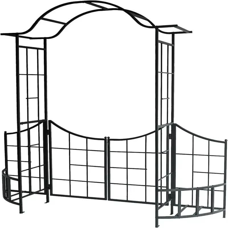 Modern Style Decorative Black Powder Coated Round Steel Garden Arbor Trellis with Gate Fence Planter Holders for Climbing