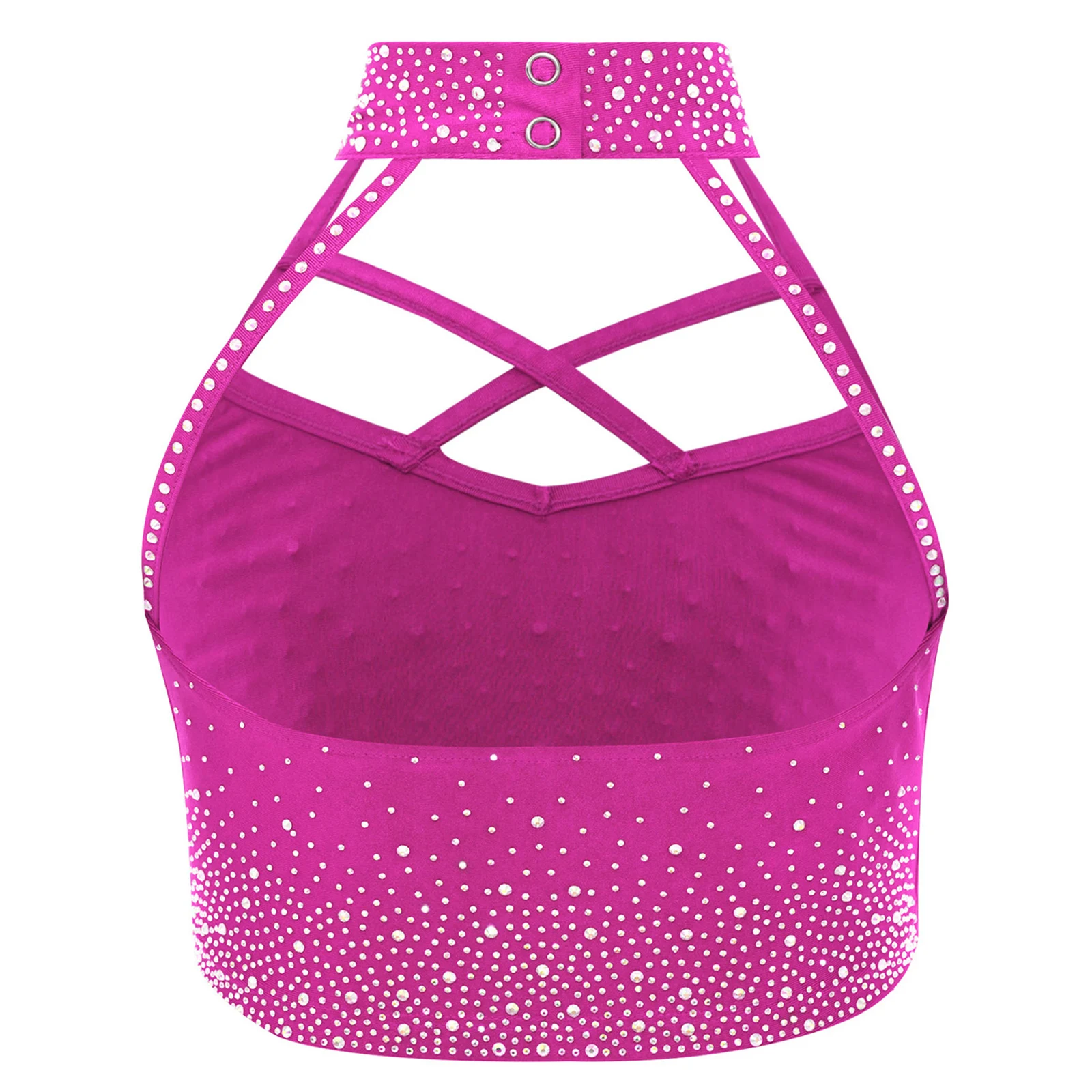 

Kids Girls Ballet Dance Tank Top Halter Sleeveless Cross Front Rhinestones Ice Skating Crop Top Gymnastics Performance Costume
