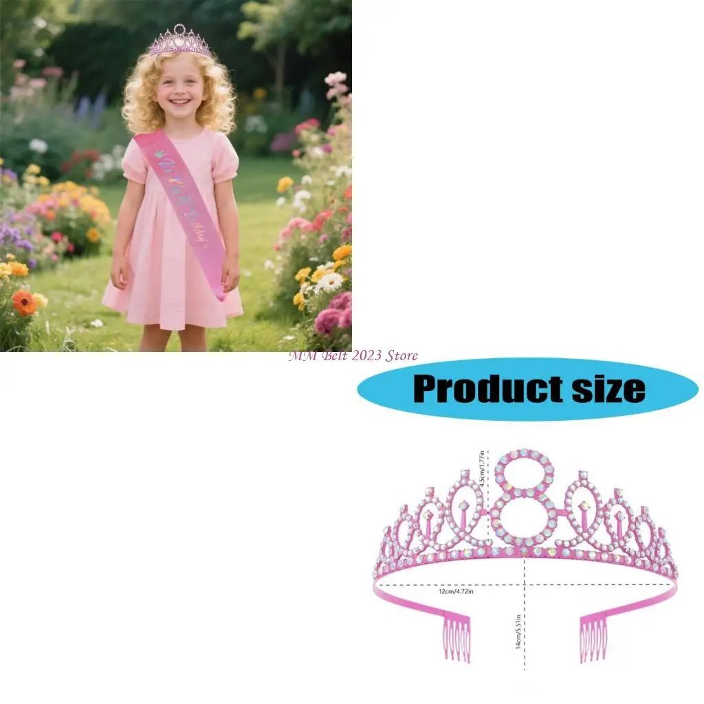 

49ME Girls Birthday Party Tiaras Sash Combo Blingbling Rhinestones and Glitters Hair Accessories