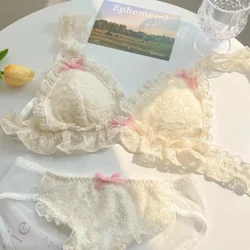 Ropa interior japonesa para niña, sujetador fino con borde de encaje y lazo con aros, dulce y bonito deseo puro