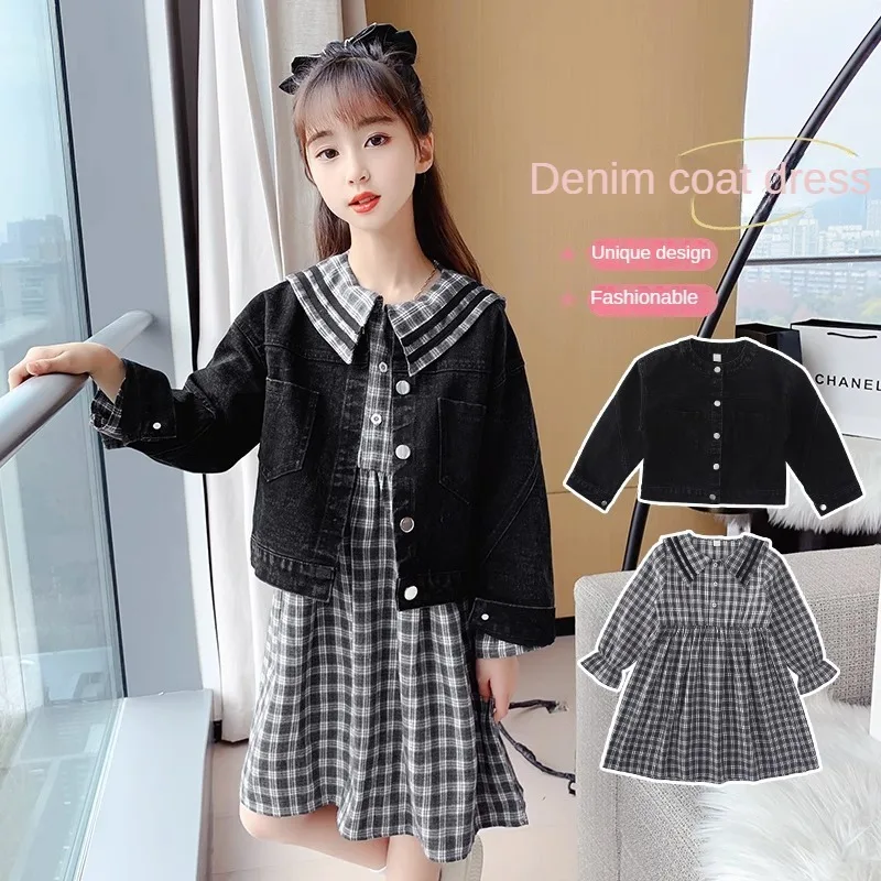 

4-14 Years Old Girl Spring Autumn New Fashionable Black Denim Jacket Suit 2023 Kids Korean Style Tartan Skirt Two-Piece Suit