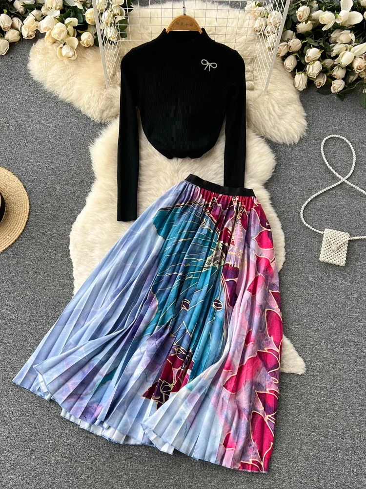 New Women Vintage Two Piece Suit Spring Autumn Half Turtleneck Long Sleeve Sweater Knitted Top Print Pleated Long Skirt Sets