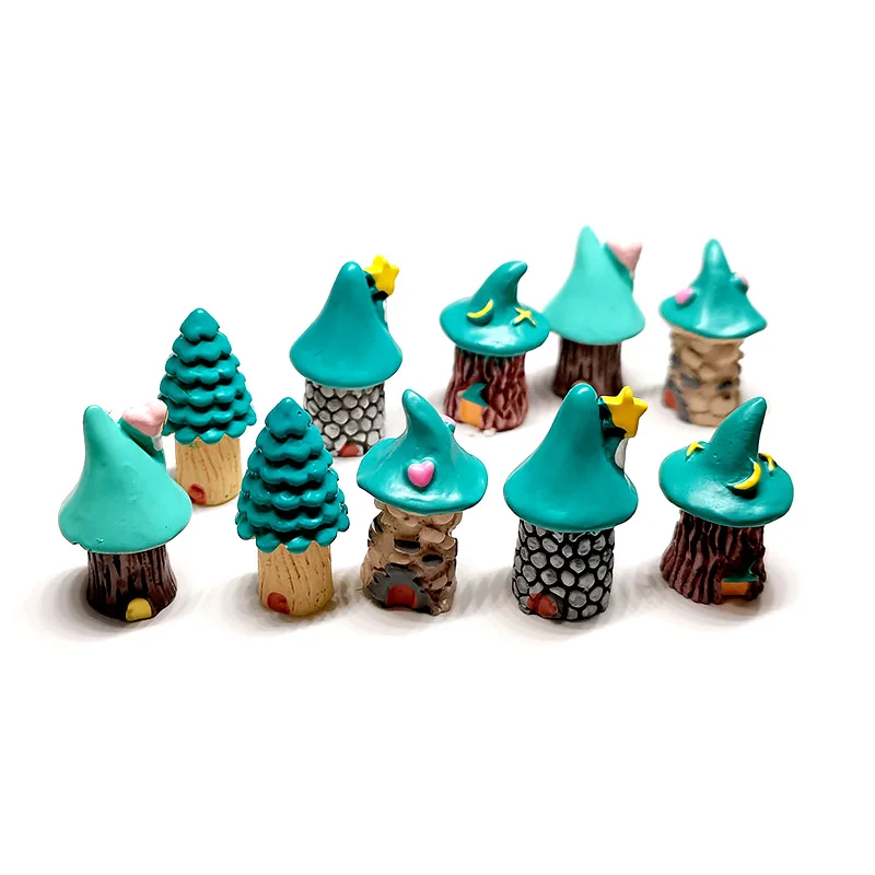 10-pack Mini Green Tree Fairy House Mushroom Micro Garden Miniature Figurines Forest Lawn Terrarium Decor Carft DIY Accessories