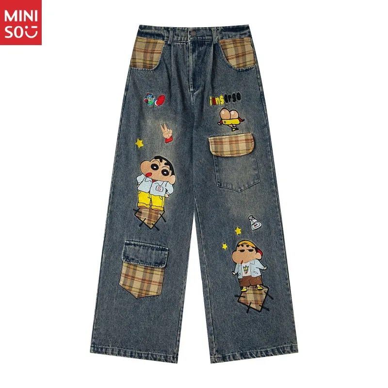 Miniso الأمريكية الرجعية غسلها المتعثرة متعة الكرتون التطريز المرقعة مستقيم الساق الجينز للجنسين فضفاض السراويل واسعة #1