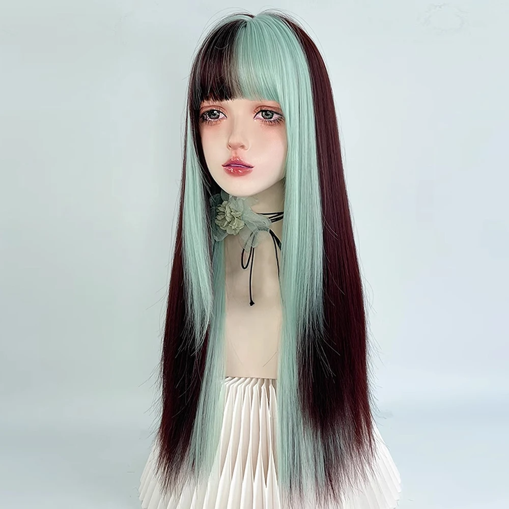 Peruca sintética marrom misturada com destaques verdes, peruca reta com franja para mulheres, cosplay diário, festa, lolita, cabelo falso realista