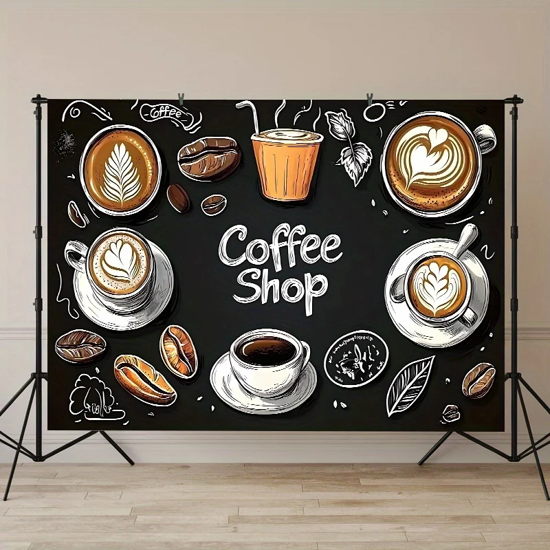 Coffee Latte Art Tapestry – Black Background Wall Hanging with Coffee-Themed Illustrations for Home, Café, or Event Décor 6