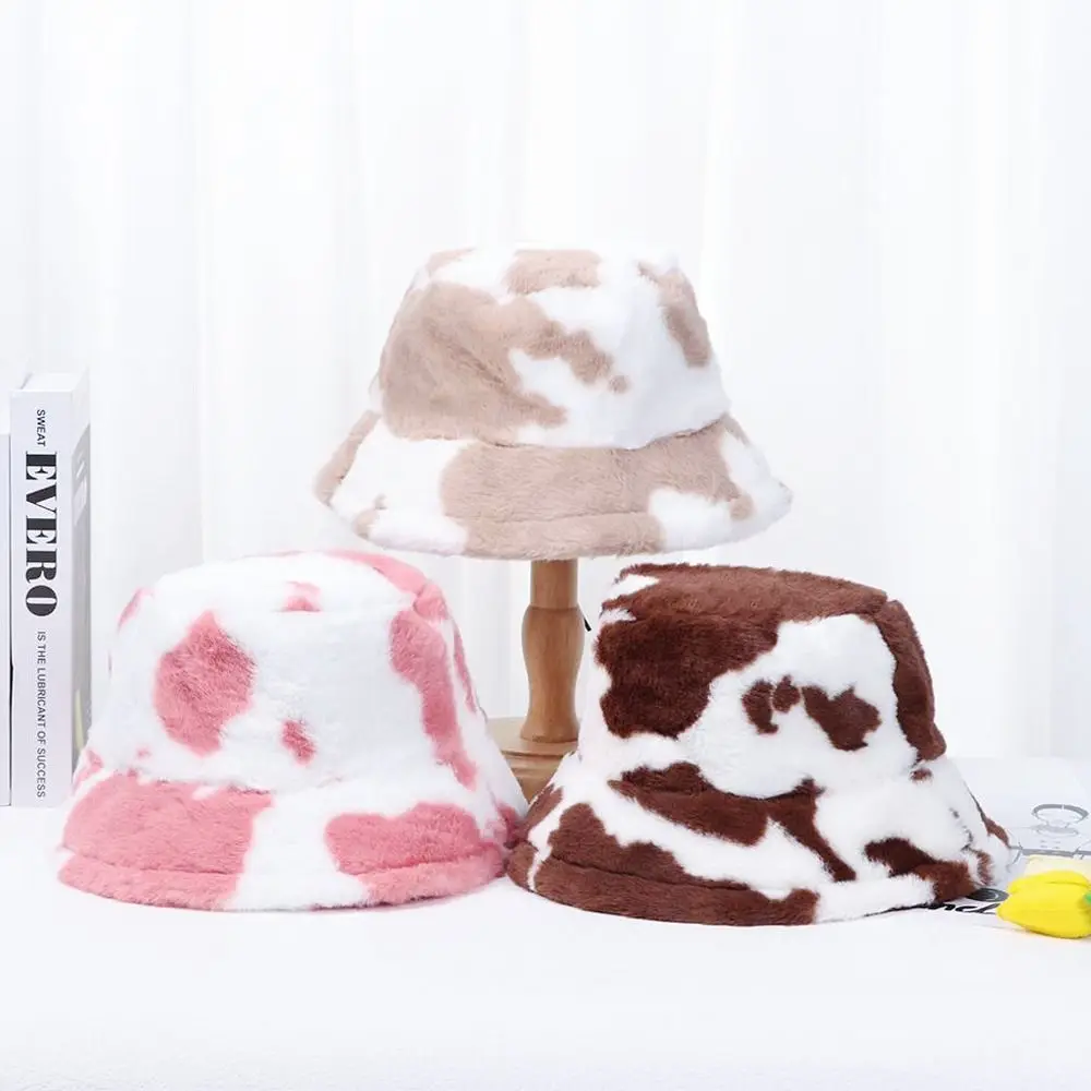 Winter Bucket Hat Women\'s Fashion Milk Cow Grain Panama Warm Hats Female Vintage Faux Fur Fisherman Cap Hats For Women Casual