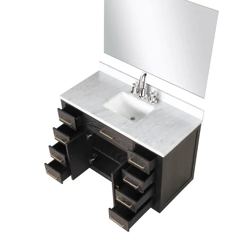 حمام فردي من خشب البلوط البني مقاس 48 بوصة مع سطح كارارا من الرخام ومجموعة صنبور ومرآة مقاس 46 بوصة