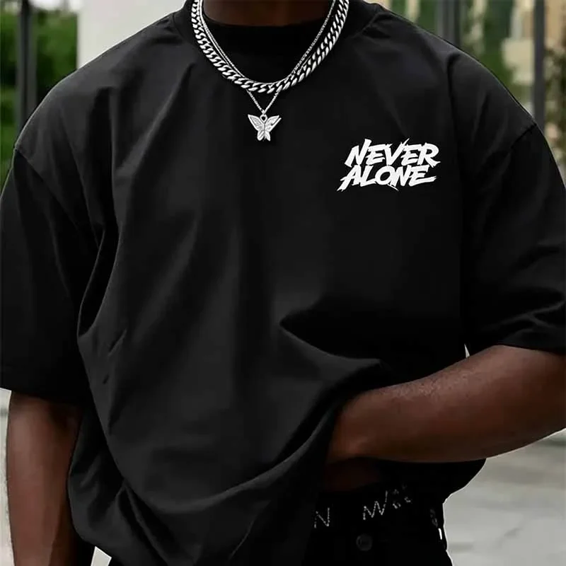 Men's Clothing Never Alone Print T-Shirt Summer Casual Fashion High Street Harajuku Cotton Tops Crew Neck Short Sleeve T-shirts