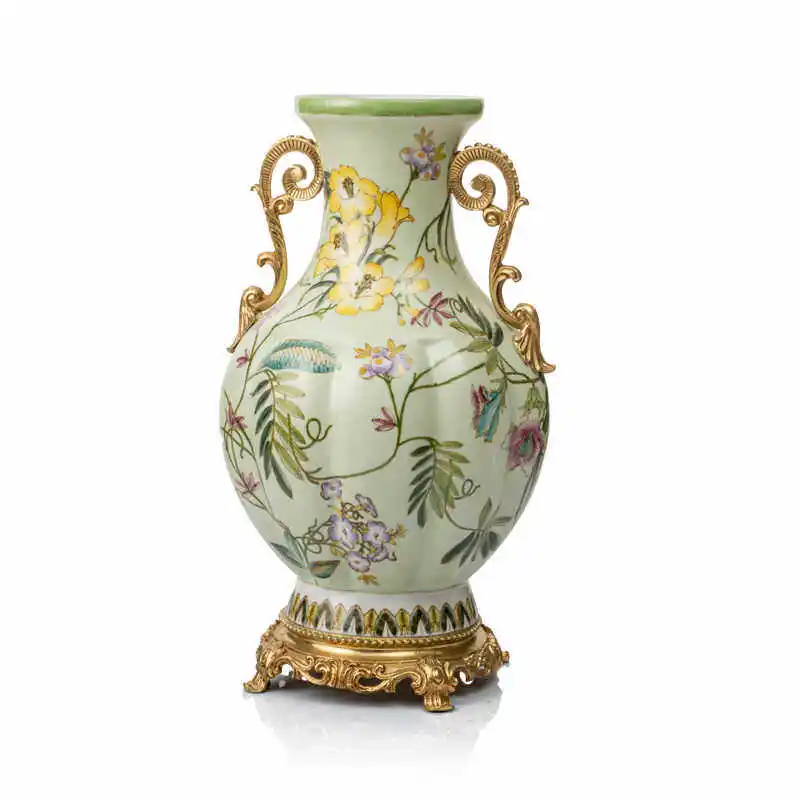 European romantic ceramic inlaid copper painted flower binaural vase ornament American villa high-end living room desktop decora