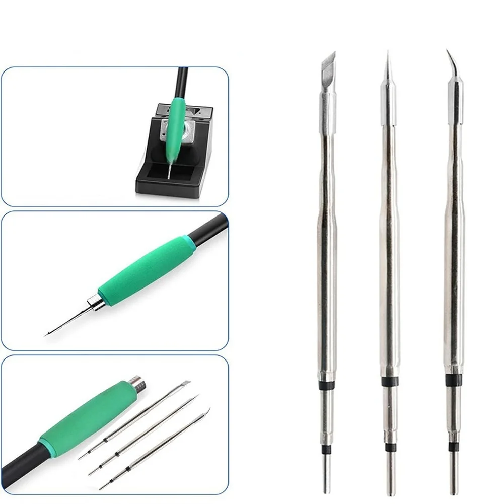 3pcs C210 Soldering Iron Tip Integrated Heating Core Flat Head Curved Extra-pointed Tip For 210 Series Soldering Stations