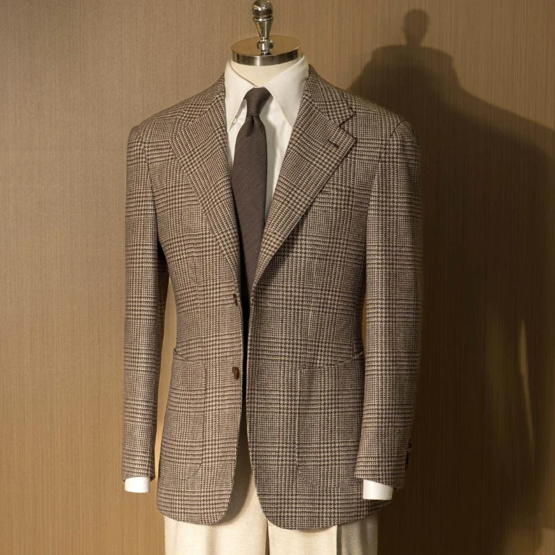 

Brown Thousand Bird Plaid Prince Plaid Italian Style Single Breasted Men's Suit Jacket, Hand Sewn Suit, High-end Suit