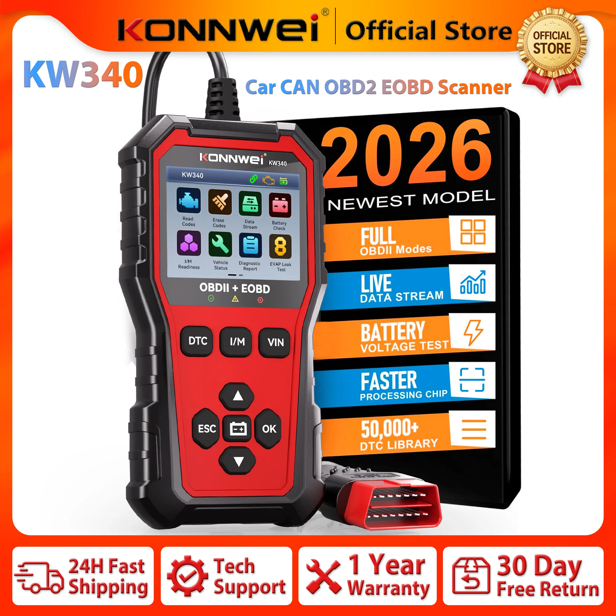 Image of 2026 KONNWEI KW340 Auto CAN OBD2 EOBD Scanner Diagnosegerät Motor- & Batterietest Fehlercode lesen Fehler löschen Echtzeit-Datenfunktion