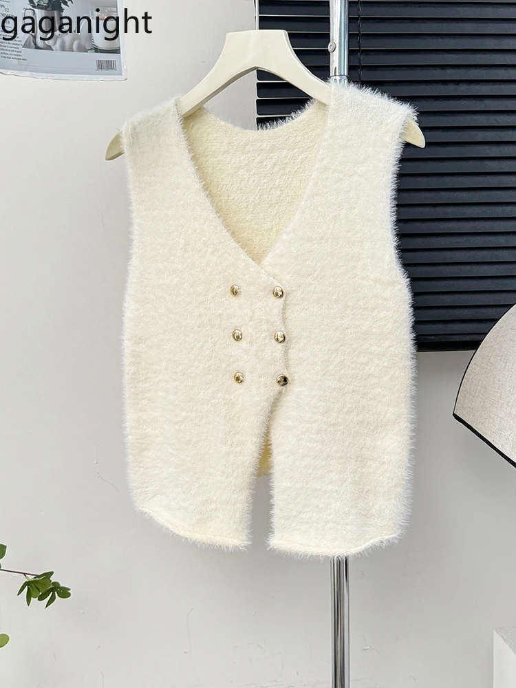 Gaganight Women Celebrity Style Temperament Double Breasted V neck Sleeveless Vest 2024 Autumn New Fashionable Fur Knitted Vest