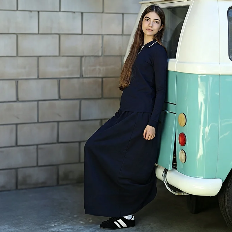 BARCALI Youth Set Navy and Black Sweatshirt and Maxi Skirt Suit Long Sleeve Contrast Collar and Zipper French Terry for Winter