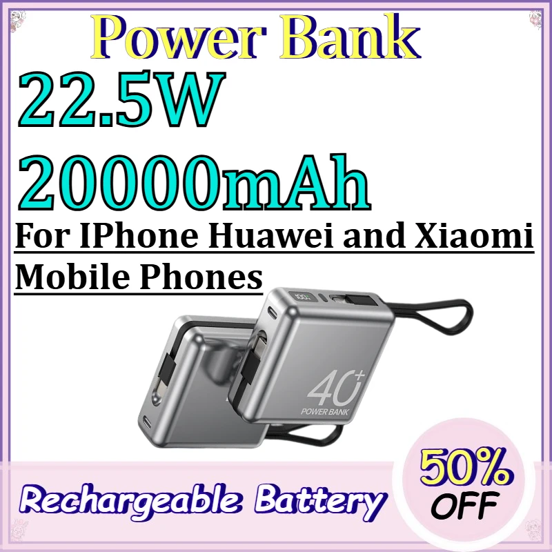 22.5W 20000mAh Power Bank for IPhone Huawei and Xiaomi Mobile Phones Mini Fast Charging Power Bank with Built-in Cable