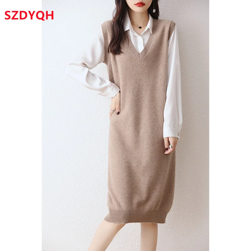 Hot Sale Autumn Winter New Women Dresses Sleeveless Long Sweater Waistcoat 100% Pure Wool Knit Pullover Lady Loose Warm Vest