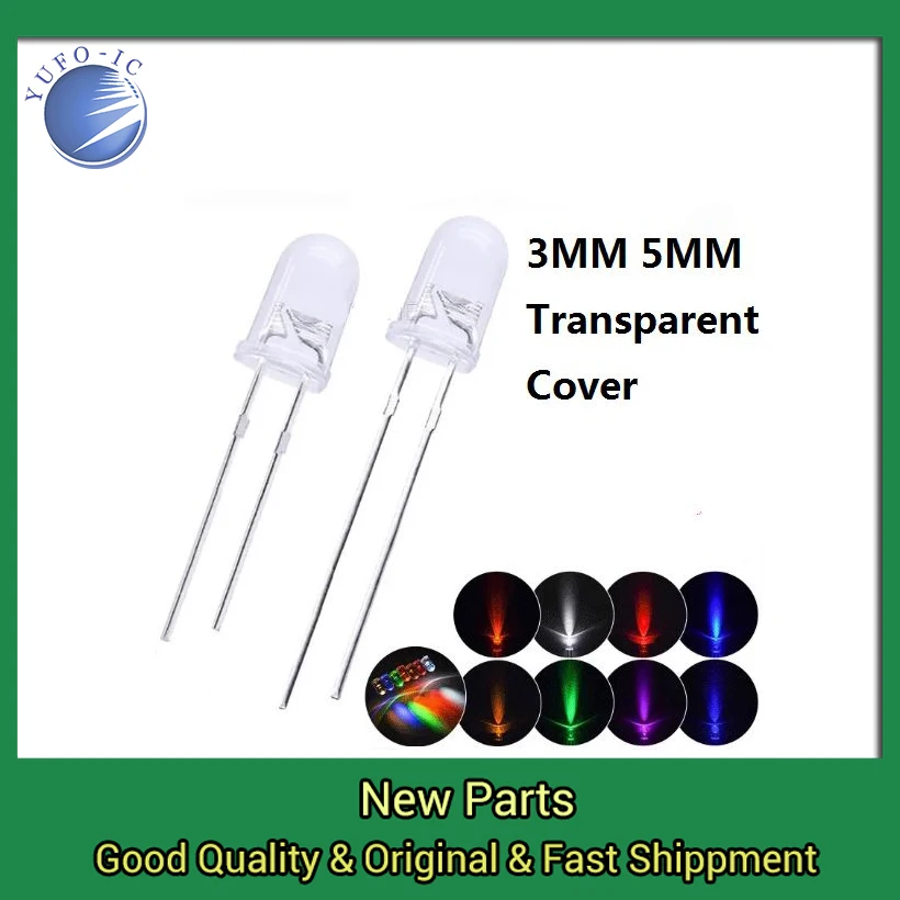 100PCS Transparent Cover LED Red Yellow Green Blue Warm White High Bright F3 F5 Quality Bead Light Emitting Diode 3MM 5MM DIP