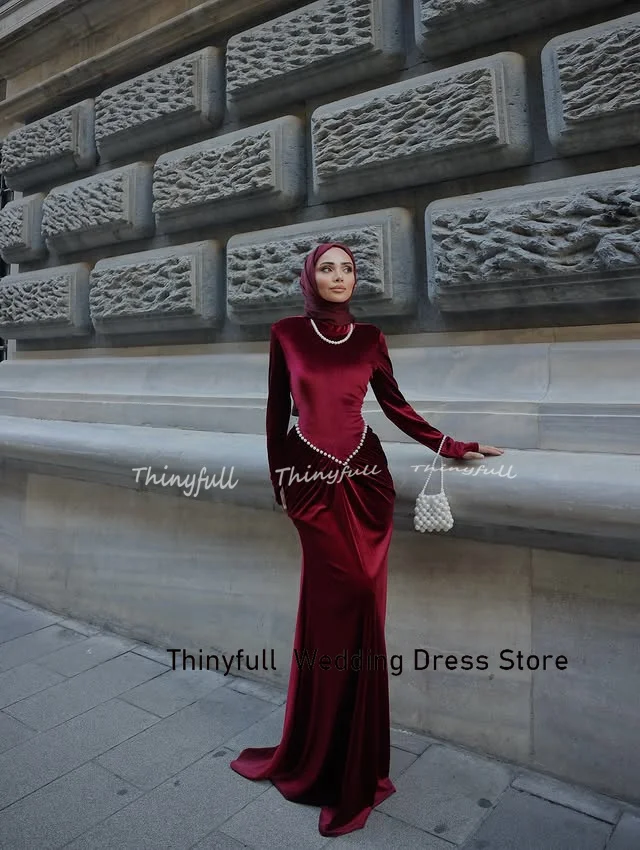 Thinyfull sirena terciopelo musulmán vestidos De graduación mangas completas cuello alto perlas vestidos De fiesta De noche bata De Soirée personalizado