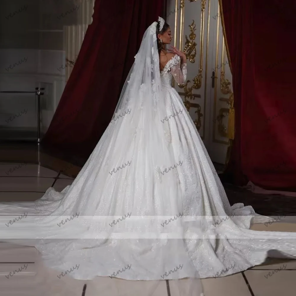 ชุดแต่งงานสุดหรูทรงเอไลน์ ประดับลูกไม้ แขนยาว สำหรับงานเลี้ยงอย่างเป็นทางการ ชุดเจ้าสาวแบบสั่งตัด