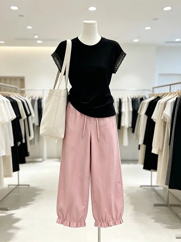 

plus Size Black Lace Sleeve Top High Waist Wide Leg Pants Set Women Summer New Slimming Anti Aging Two Piece Set Korean Style