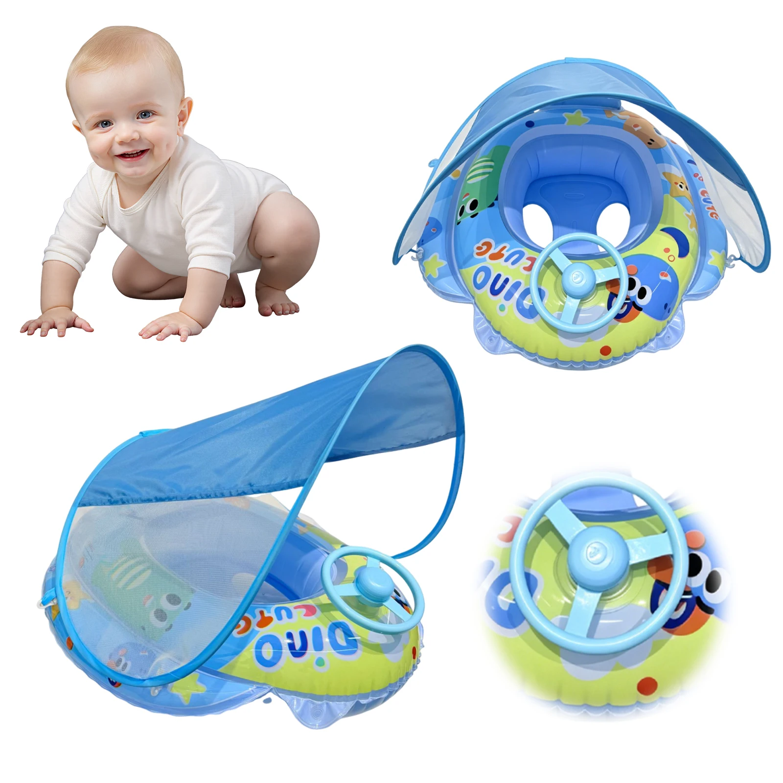 PVC Inflatable Toddler Floaties with Canopy and Anti-Tip Seat -proof with Steering Wheel for Toddler Aged 6-36 Months