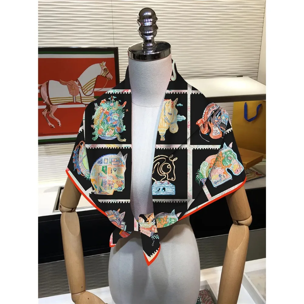 90Cm Twill New Horse Prism Women\'s Decorative Shawl Large Square Scarf Headscarf Scarf Frame Painting Silk Scarf Wholesale