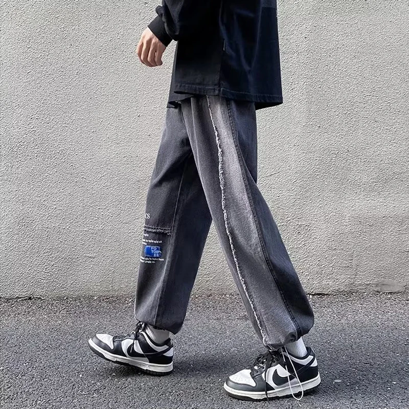 Fashion Patchwork Men's Jeans Hip Hop Streetwear Spliced Color Furred Denim Trousers Drawstring Casual Straight Leg Baggy Pants