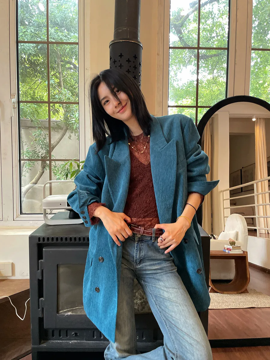 

JCCC Shadow Peacock Blue Vintage Velvet High-End Feelings Notch Lapel Suit Jacket Women's Business Polyester Fabric
