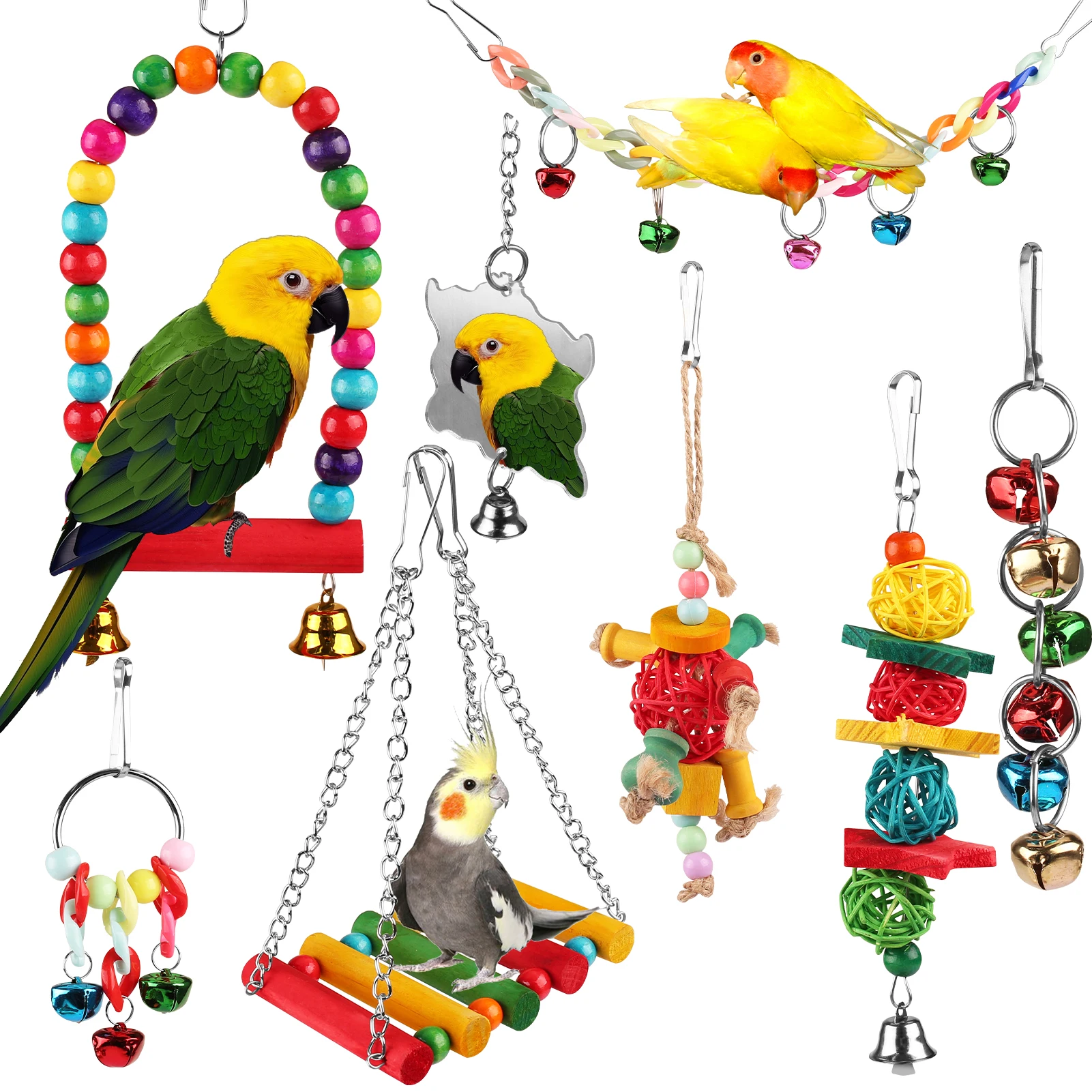 8Pc Colorful Bird Parakeet Toys Swing Hanging Standing Chewing Toy Hammock Climbing Ladder Bird Cage Toy for Budgerigar Parakeet