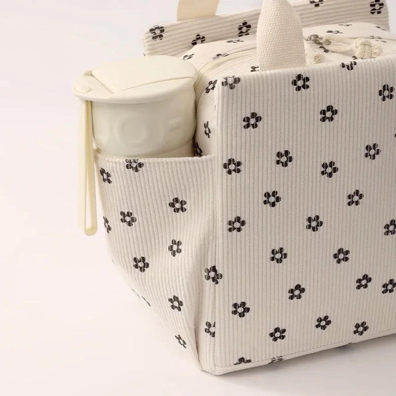 Corduroy Lunch Bag Thermal Insulation Lunch Box Storage Handbag Multifunctional Kid School Cooler Bag Picnic Food Pouch Gift