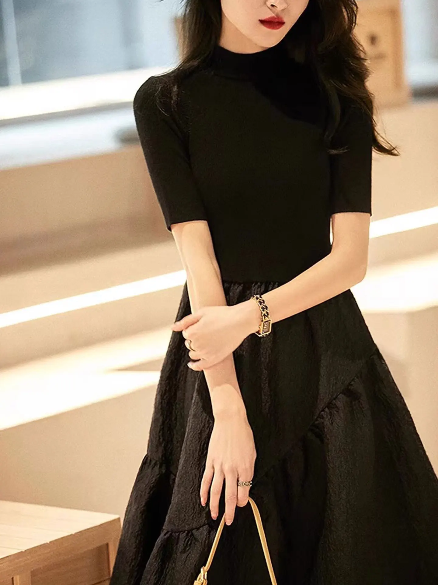 

Женское летнее платье больших размеров в корейском стиле с круглым вырезом, коротким рукавом и пышной вязаной юбкой для повседневной носки